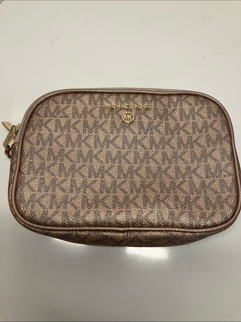 Michael Kors Metallic Rose Gold MK Monogram Cosmetic Case
